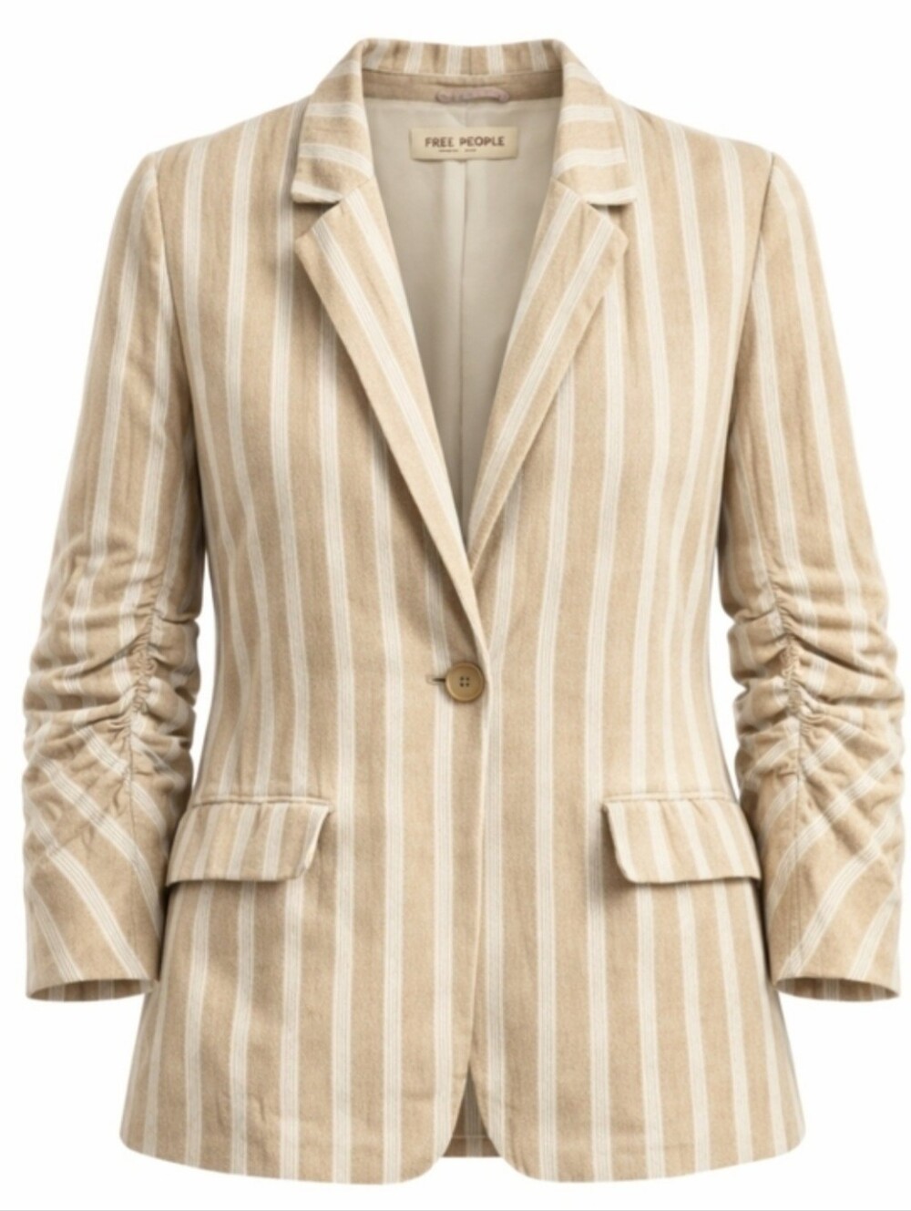 Free People Fern Striped Blazer Neutral Linen Look Ruched Sleeve S - Picture 2 of 12